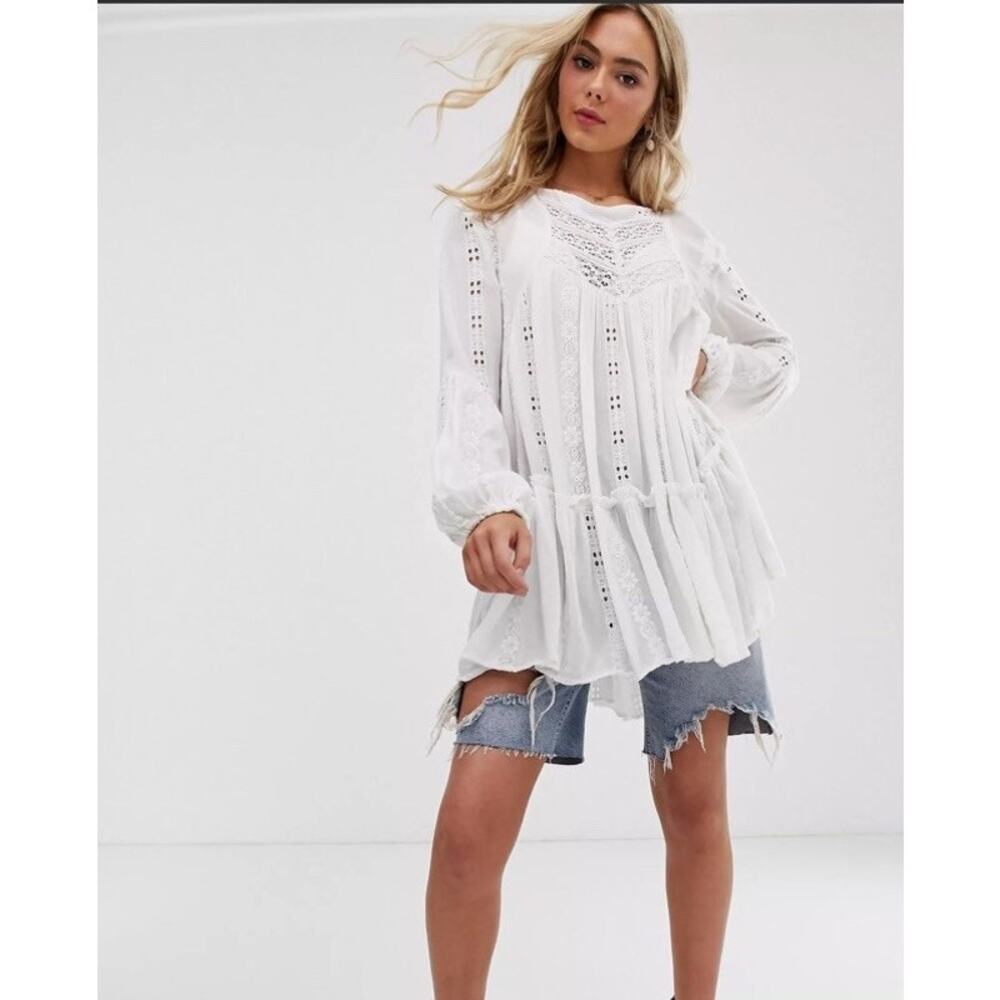 Free People Kiss Kiss Ivory Tunic Bohemian Lace Embroidered Small - Picture 8 of 13
